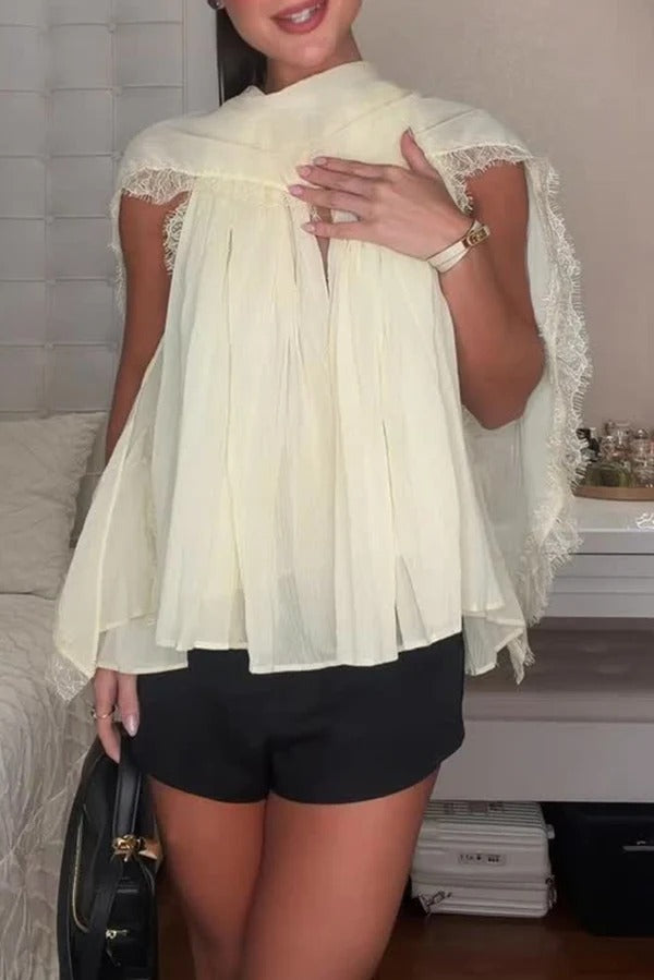 Lightweight and Airy Chiffon Pleated Lace Trim High Tie-up Neck Sleeveless A-line Blouse