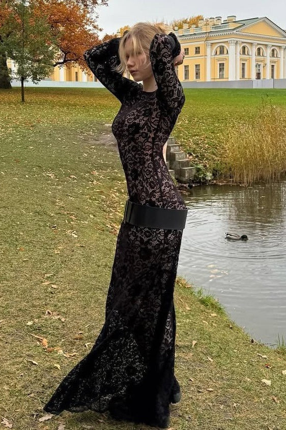Bell Sleeve Backless Lace Dress