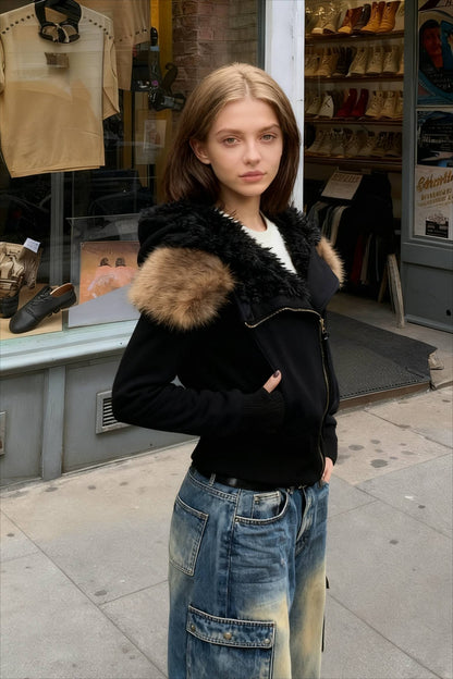 Fleece-Lined Hooded Fur-Collar Zip Short Jacket