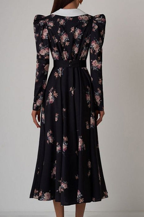 Flared Vintage Print Slim Waist Floral Maxi Dress