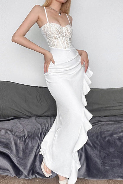 Lace Corset Sweetheart Spaghetti Strap Ruffle Trim High Slit Maxi Gown