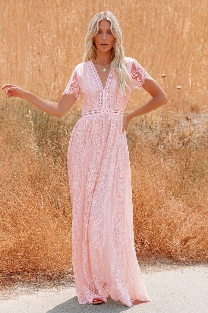 Lace V Neck Short Sleeve Hollow Out Boho Dress
