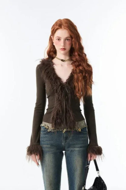 Lace-Up V Neck Plush Cardigan
