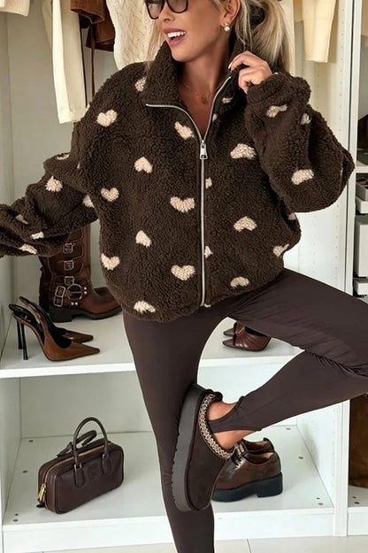 Playful Heart Pattern Teddy Bear Fleece Material Contrast Color Long Sleeve Pocket Zipper Coat