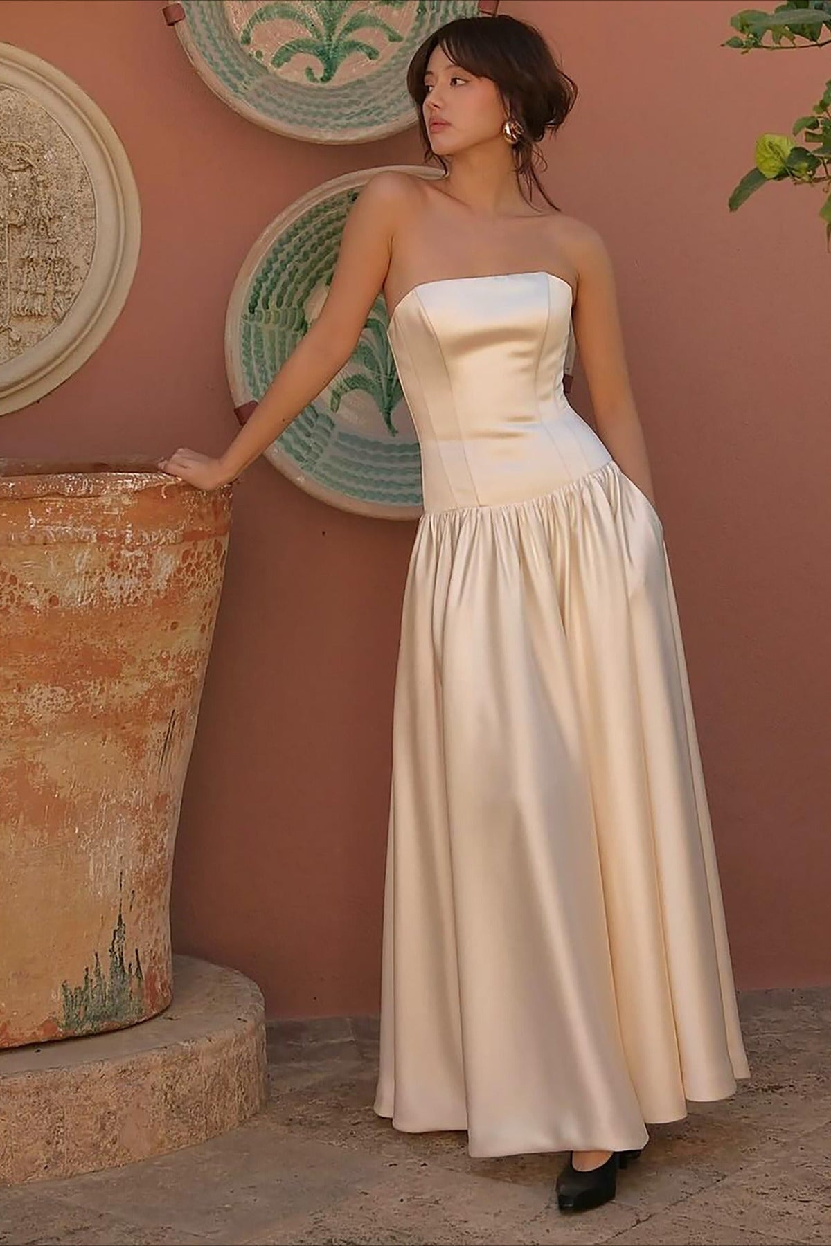 French Satin Strapless Gown Prom Dress
