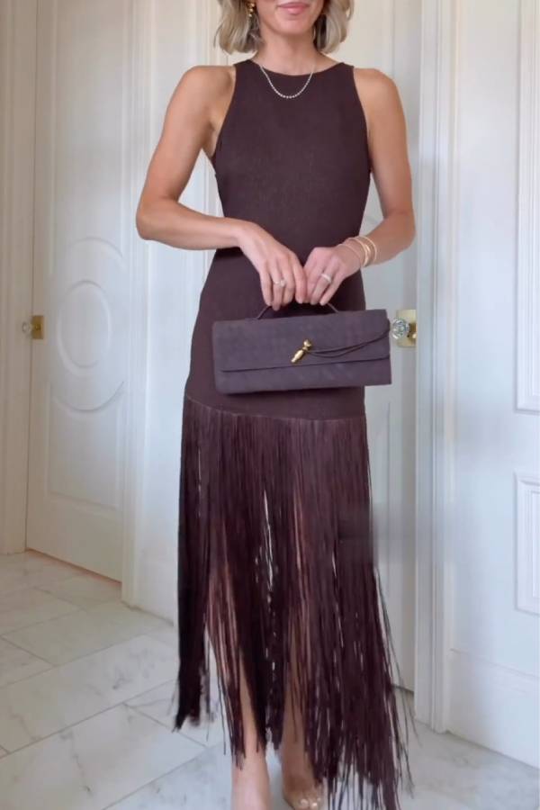 Sleeveless knitted maxi dress with tassels