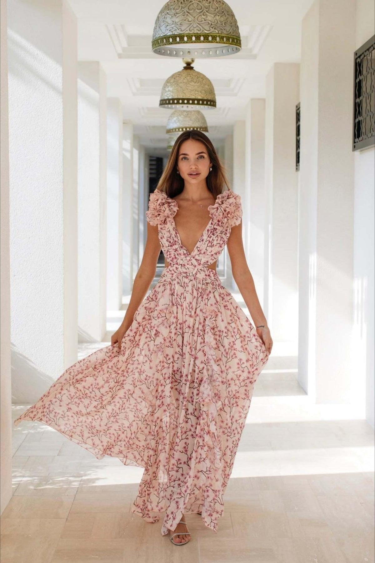 Deep V Backless Cutout Ruffle Floral Dress