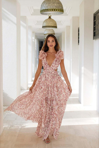 Deep V Backless Cutout Ruffle Floral Dress