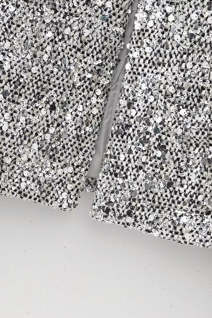 Solid Crew Neck Sequin Tweed Jacket