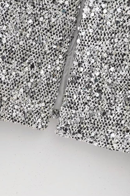 Solid Crew Neck Sequin Tweed Jacket