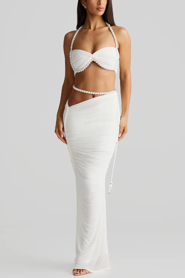 Imalia Stretch Mesh Pearl Trim Gathered Tank and Detachable Belt Vacation Maxi Skirt Set