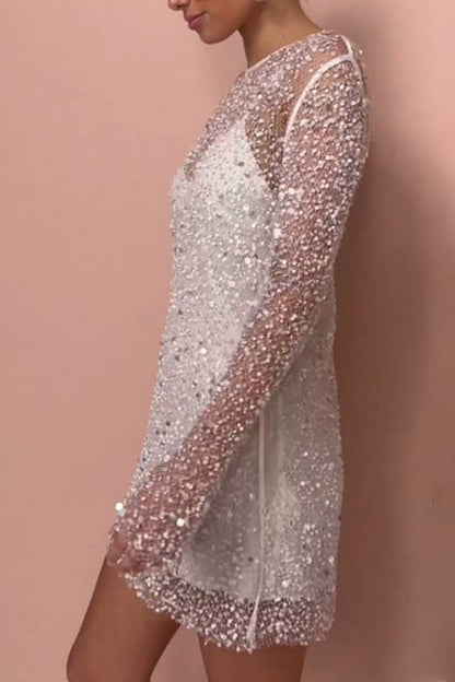 Sparkling Sequin Mesh Long-Sleeve Short Evening Dress