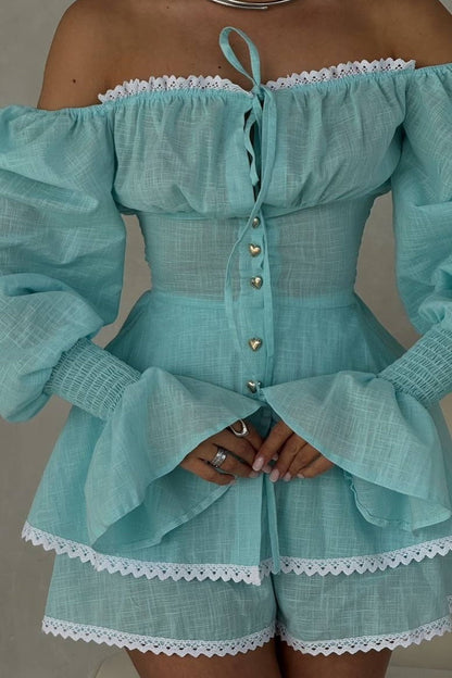 Lantern Sleeve Lace Up Off Shoulder Top Two Piece Shorts Set