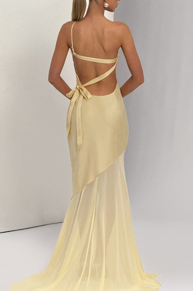 Asymmetric Backless Sheer Paneled Solid Formal Dress