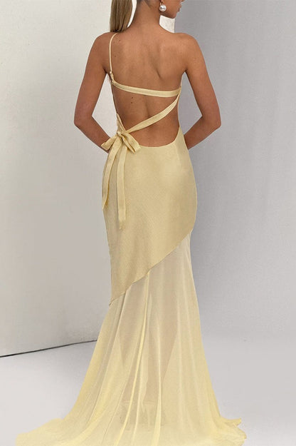 Asymmetric Backless Sheer Paneled Solid Formal Dress
