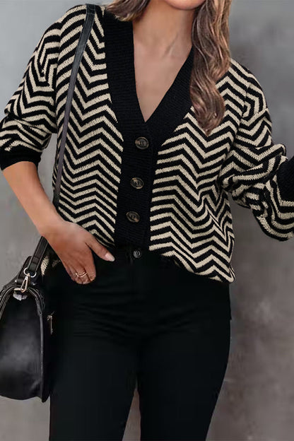 Long Sleeve V Neck Open Front Striped Knit Cardigan Sweaters
