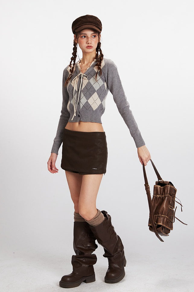 Argyle Cropped V Neck Cardigan