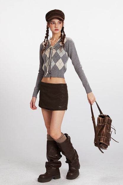 Argyle Cropped V Neck Cardigan