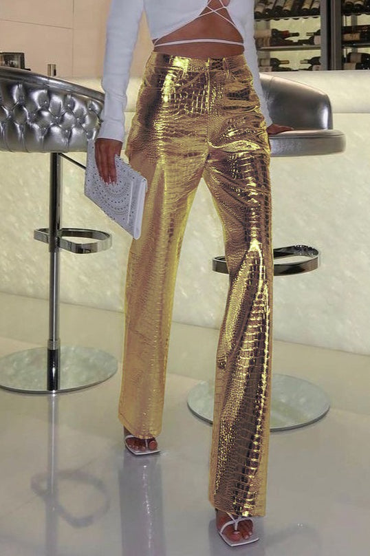 PU Leather Scale High Waist Long Pants