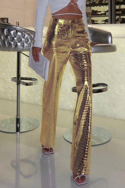 PU Leather Scale High Waist Long Pants