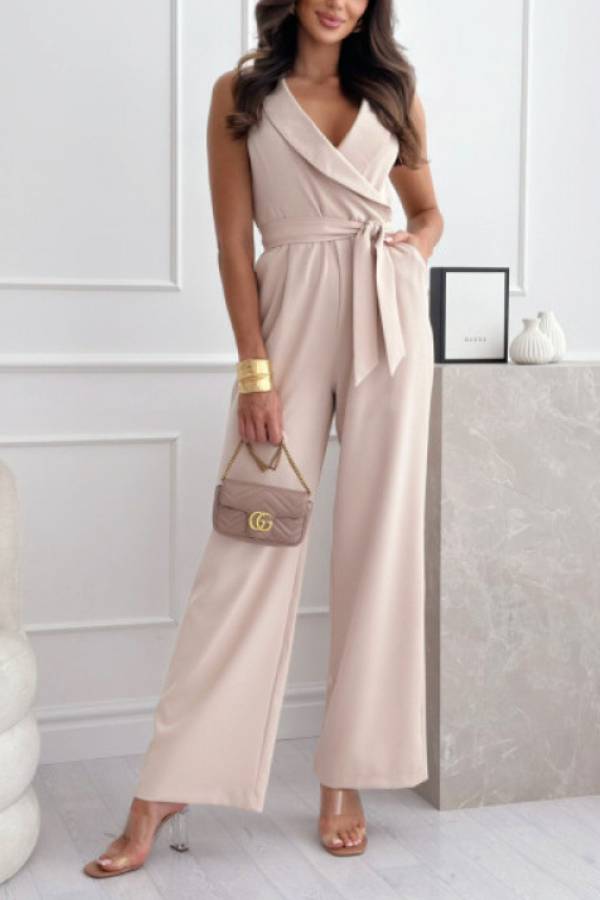 Lapel Sleeveless Waist Tie Wide Leg Jumpsuit
