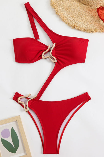 Solid Cutout Asymmetric Metal One Piece Swimwear