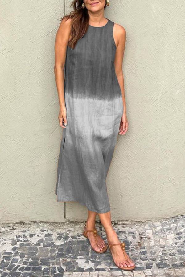 Gradient Tie Dye Sleeveless Linen Midi Dress Side Split Loose Casual Vacation Sundress