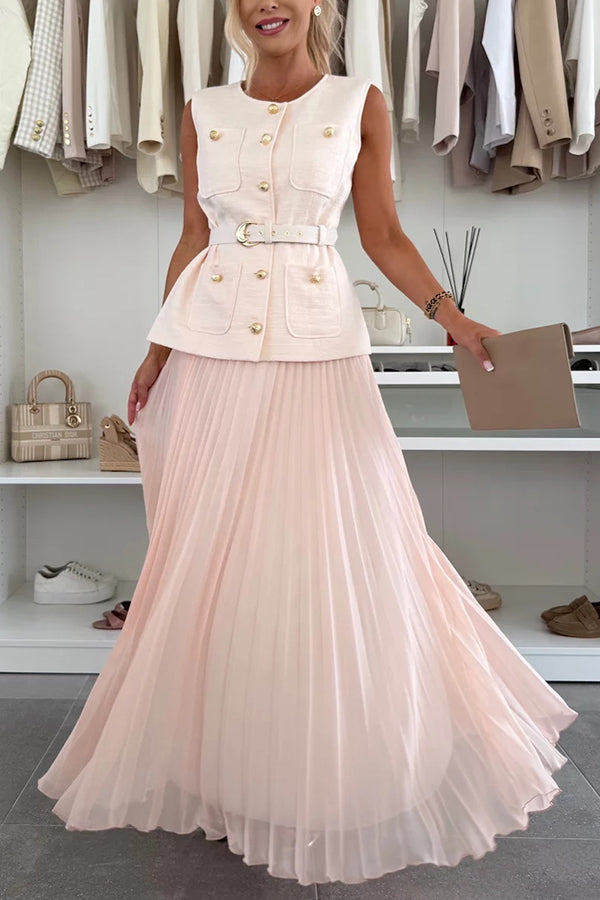 Relaxed and Elegant Round Neck Button Up Belted Pocket Loose Vest