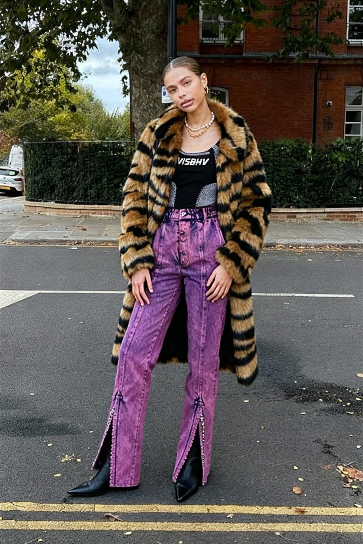 Faux Fur Tiger Striped Loose Overcoat