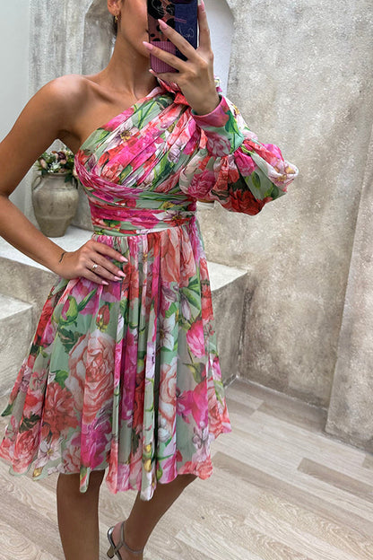 One Shoulder Puff Sleeve Ruched Floral Print Flared A-Line Mini Dress