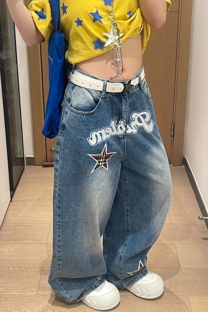 Retro Star Letter Appliqué Barrel Leg Jeans