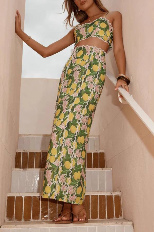 Lemon Print Lace-Trim Strap Backless Two-Piece Maxi Dress