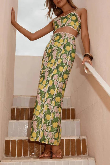 Lemon Print Lace-Trim Strap Backless Two-Piece Maxi Dress