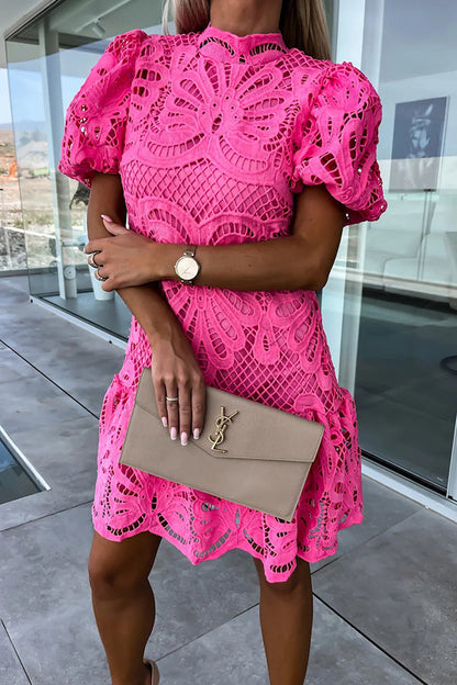 Crochet Lace Mock Neck Puff Sleeve Ruffle Hem Mini Dress