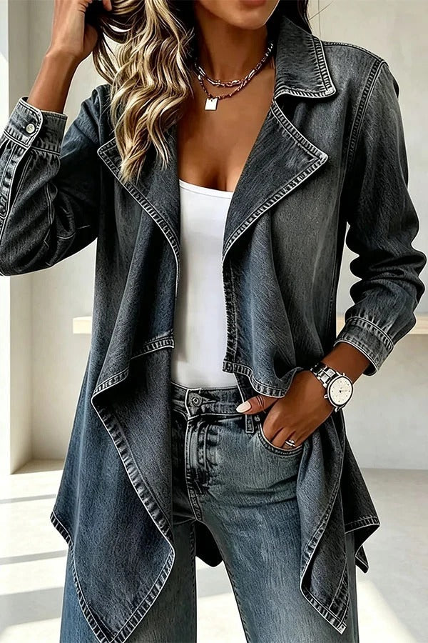 Alexandrea Denim Lapel Long Sleeve Mid-length Jacket Trench Coat