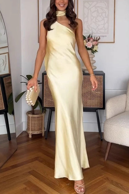 Asymmetrical Shoulder Tie Sleeveless Slim Solid Formal Dress