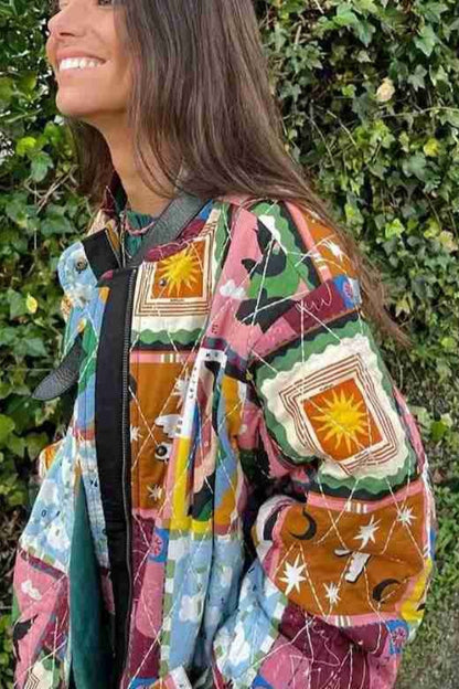 Art Printed Patchwork Quilted Bomber Padded Jacket