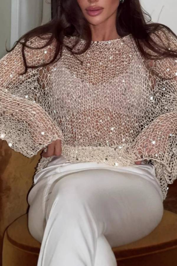 Sequin Embellished Openwork Crochet Flared Sleeve Blouse