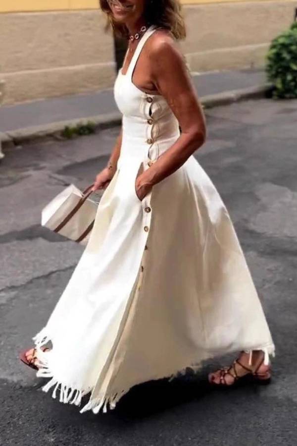 Halter Square Neck Side Button Fringe Flare Maxi Dress