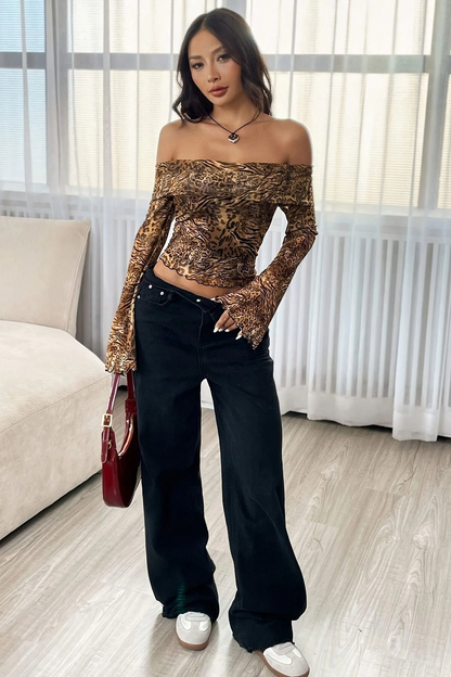 Leopard Mesh Off Shoulder Backless Flare Sleeve Crop Top