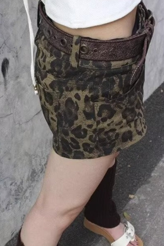 Leopard Print High Waist Wide Leg Denim Casual Shorts