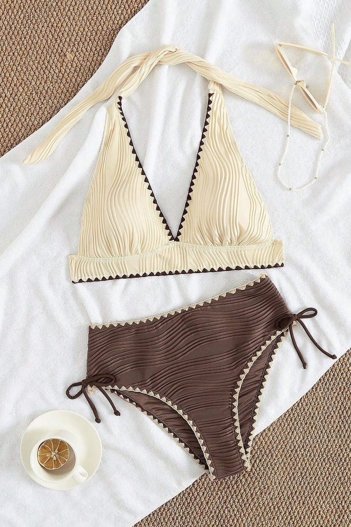 Halter Strappy Backless Textured Two Piece Swim Set