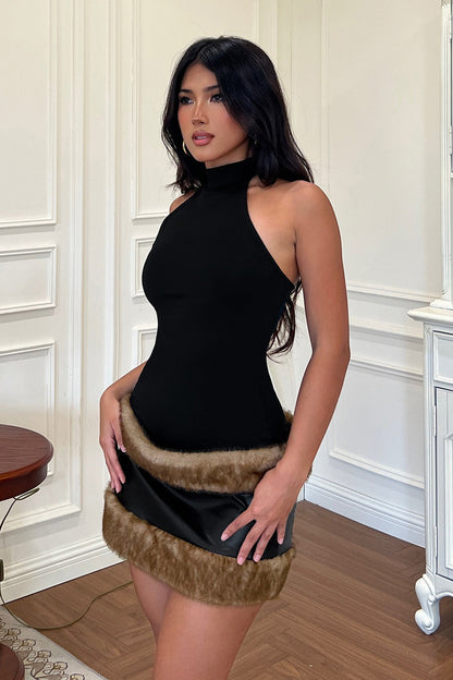 Cold Shoulder Halter Faux Fur Bodycon Graduation Party Dress