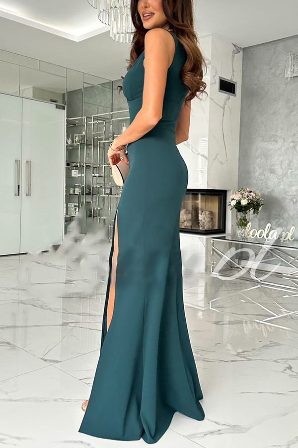 Surplice V-Neck Sleeveless Ruched Waist Side Slit Maxi Dress
