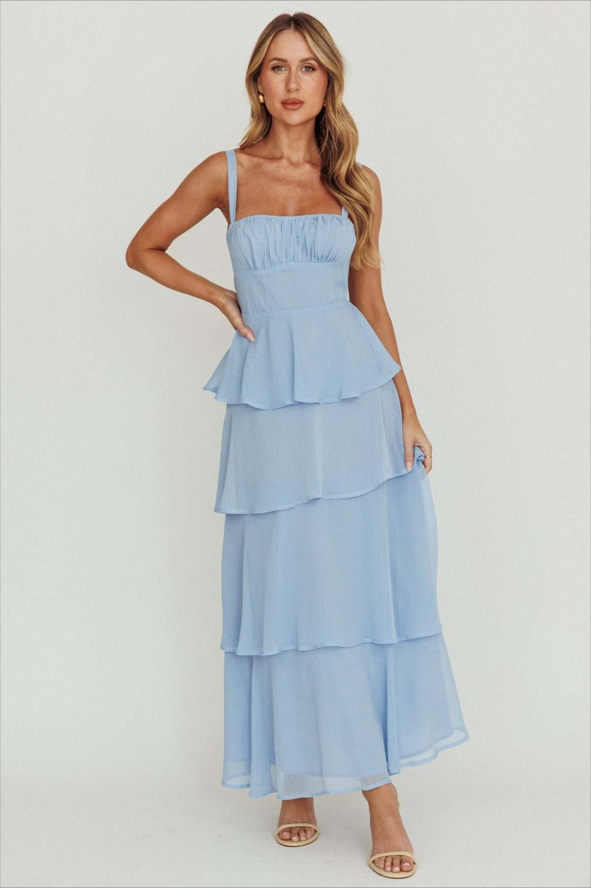 Sexy Backless Halter Tiered Ruched Waist Maxi Prom Dress