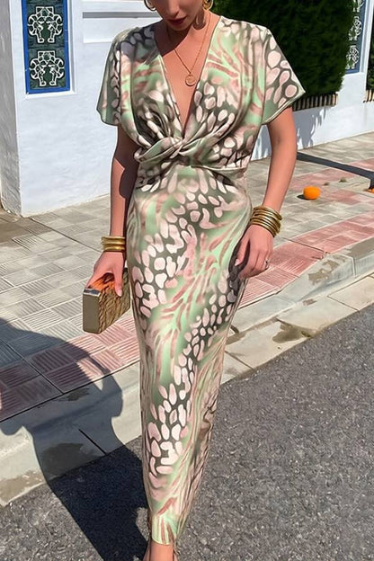 Satin Leopard Twist Front Deep V Bodycon Maxi Dress