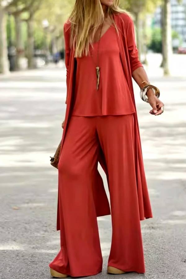 Casual Flowy 3‑Piece Set, Long Cardigan + V‑Neck Top + Wide‑Leg Pants