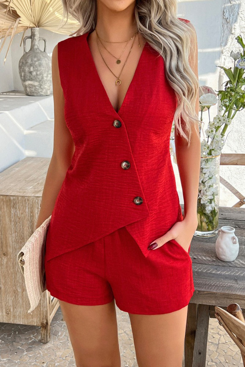 Solid Casual Button Up Vest Shorts Set
