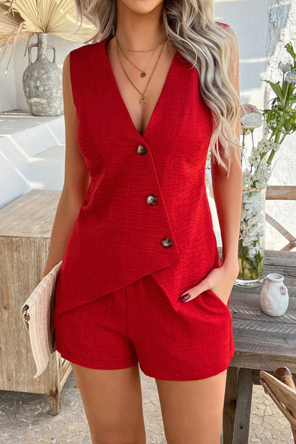Solid Casual Button Up Vest Shorts Set