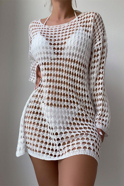 Hollow Out Knit Long Sleeve Cover Up